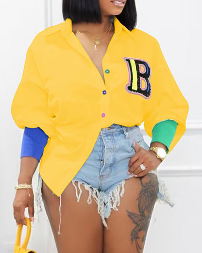 

Letter Pattern Long Sleeve Shirt, Yellow