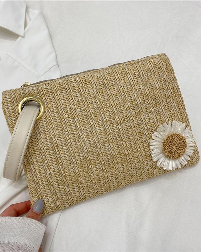

Floral Decor Straw Clutch Bag With Wristlet, Style2
