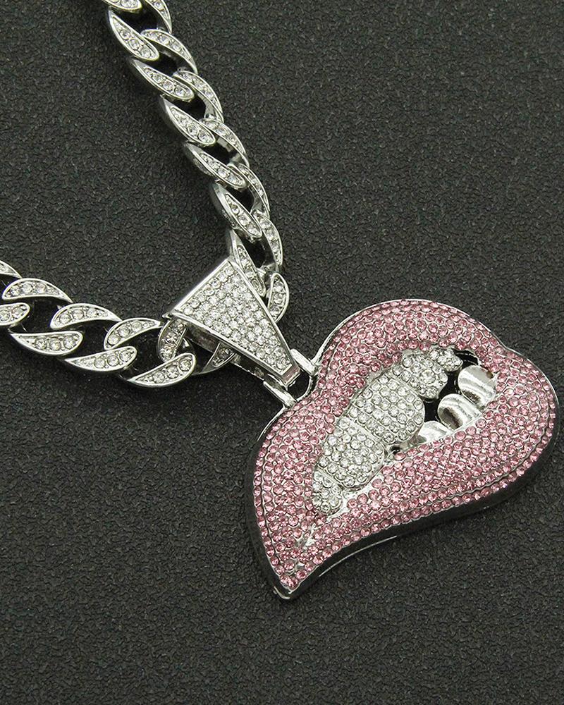 

1pc Rhinestone Gold Teeth Lip Pendant Trendy Necklace, Style2