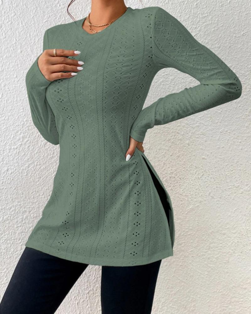 

Long Sleeve Eyelet Embroidery Slit Top, Green