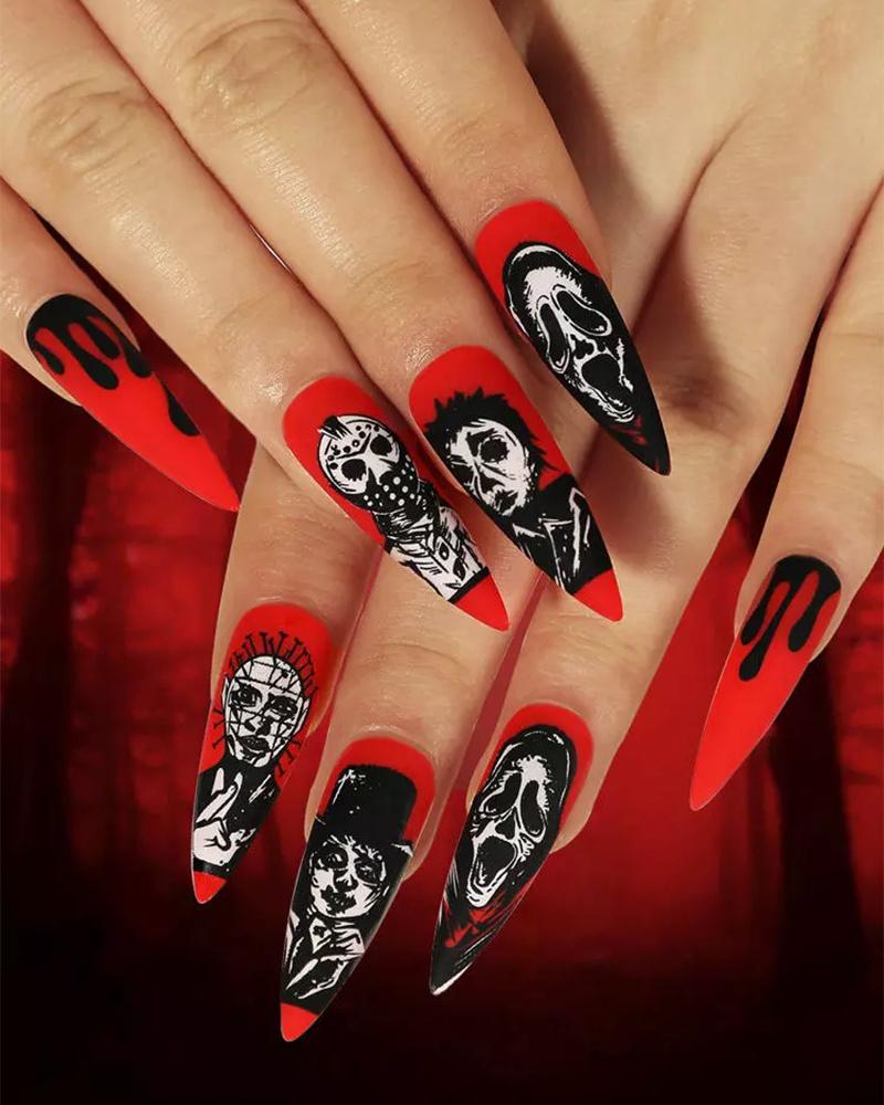 

24pcs Halloween Spooky Ghost Face Matte Almond Press On False Nails Set, Orange