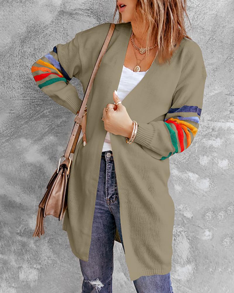 

Striped Print Bishop Sleeve Casual Cardigan, Khaki