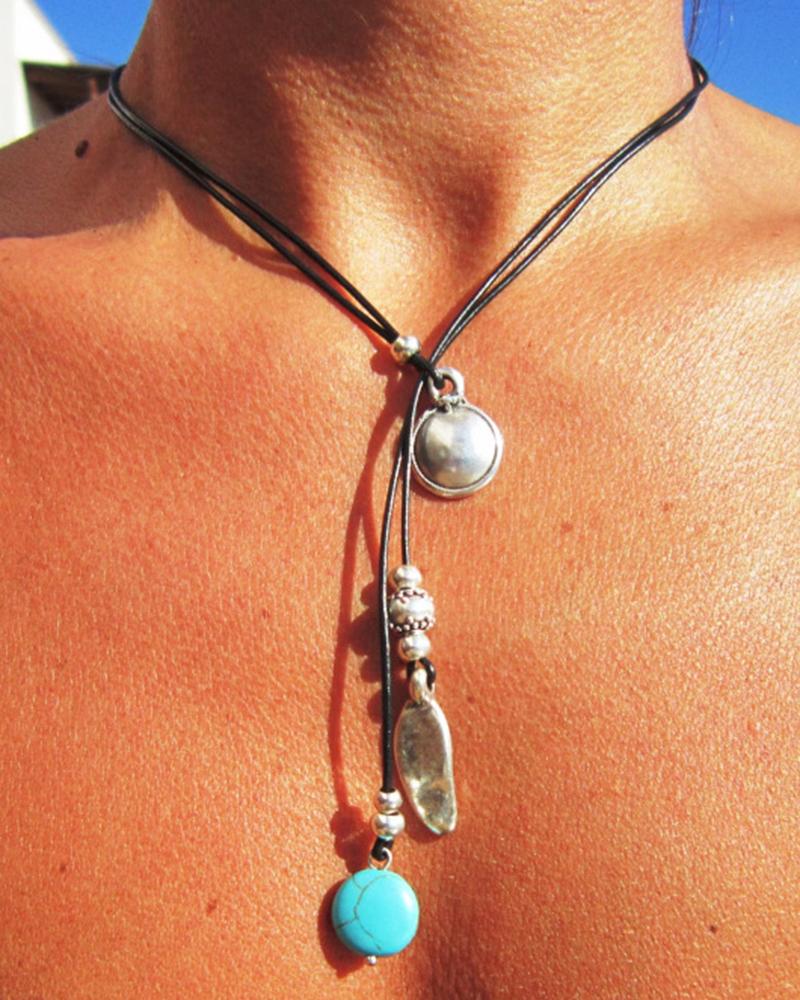 

1pc Western Bohemian Tassel Leather Geometric Pendant Necklace, Silver