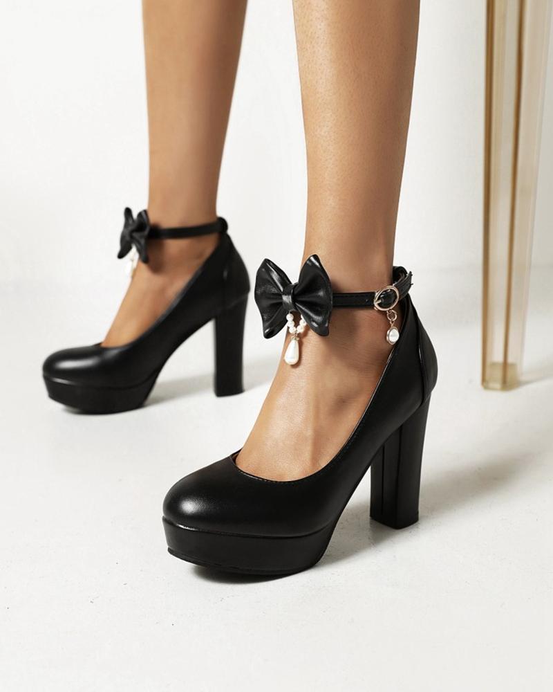 

Round-toe Solid Color Splicing Bow Ankle Strap High Heels, Black
