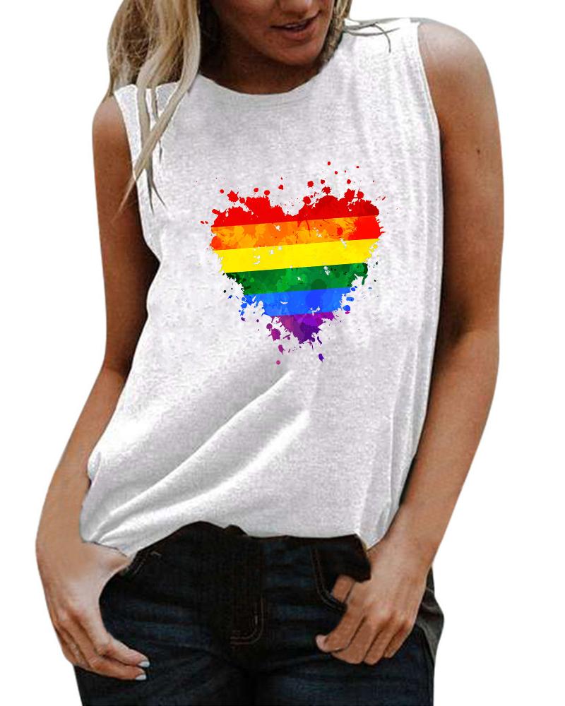 

Rainbow Stripe Heart Print Tank Top, White