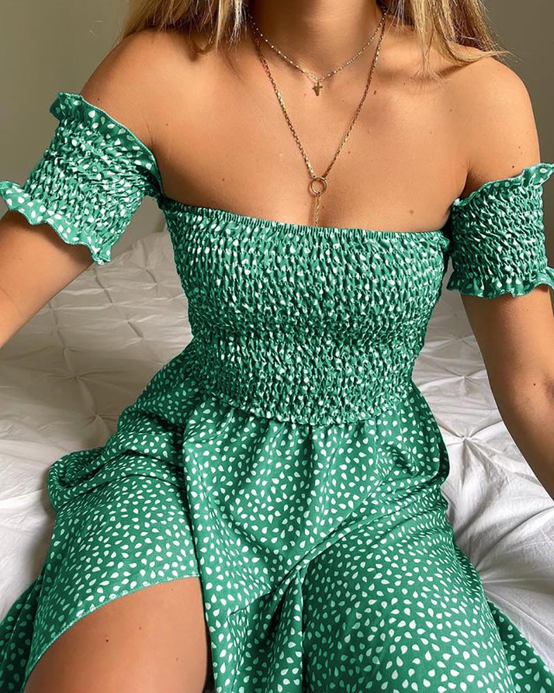 

Polka Dot Print Off Shoulder Shirred Slit Dress, Green