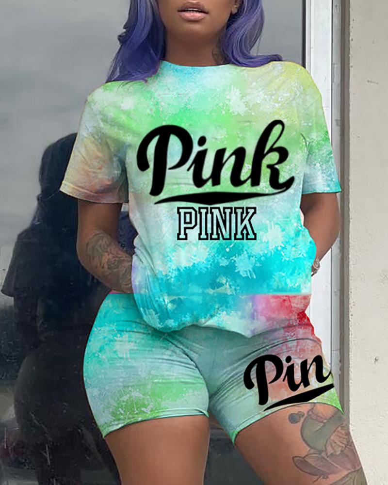 

Letter Tie Dye Print Short Sleeve Top & Shorts Set, Green