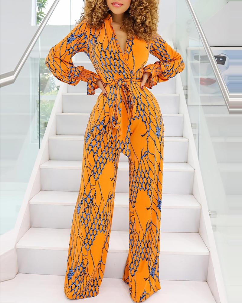 

Abstract Print Plunge Wide Leg Jumpsuit, Orange