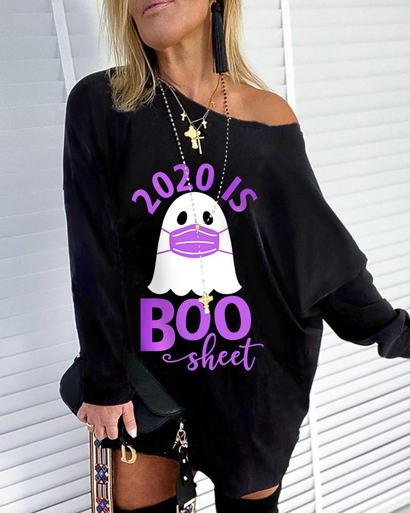 

Halloween Letter Ghost Print Casual Sweatshirt, Black