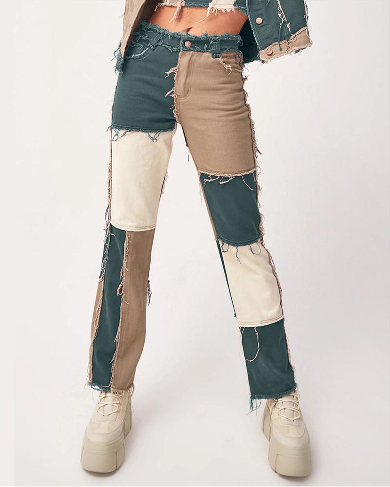 

Colorblock Patchwork Straight Leg Denim Pants, Green