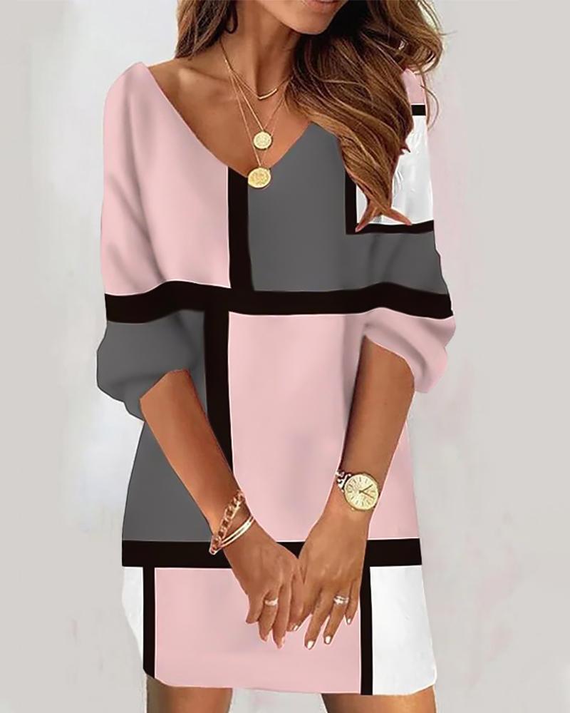 

Geometric Print Colorblock Casual Dress, Pink