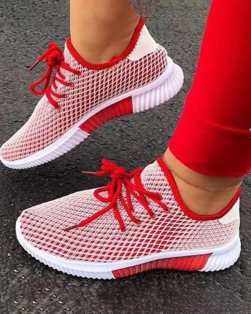 

Lace-up Colorblock Breathable Casual Sneakers, Red