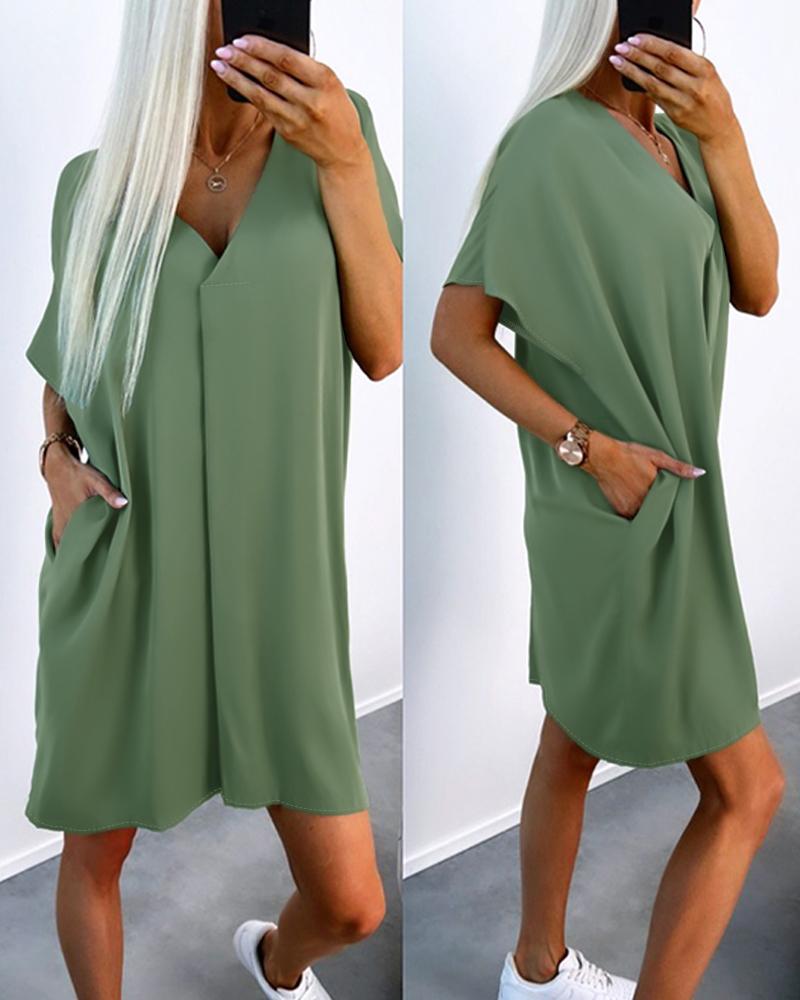 

Pocket Design V-Neck Casual Dress, Green