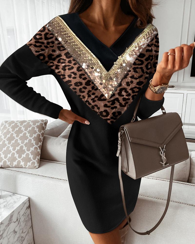 

Leopard Patch Contrast Sequin Long Sleeve Dress, Black