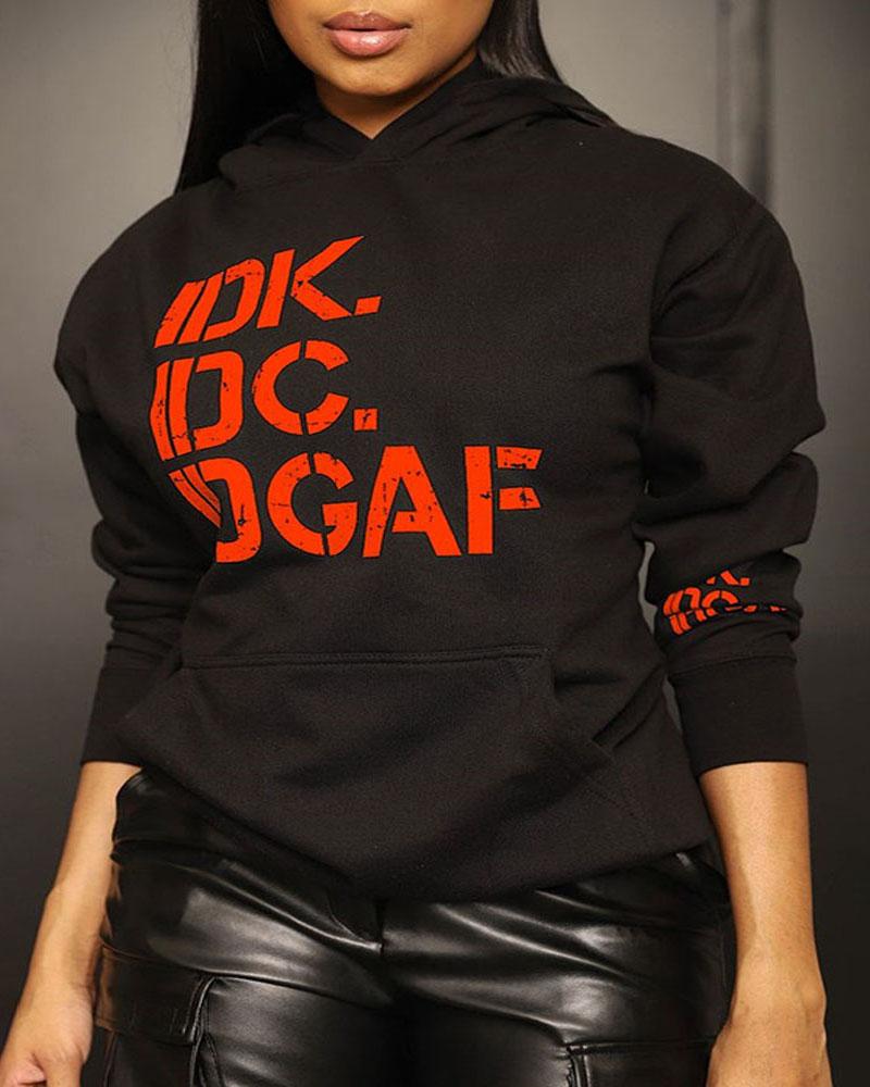 

Plus Size Letter Print Long Sleeve Casual Hoodie, Black