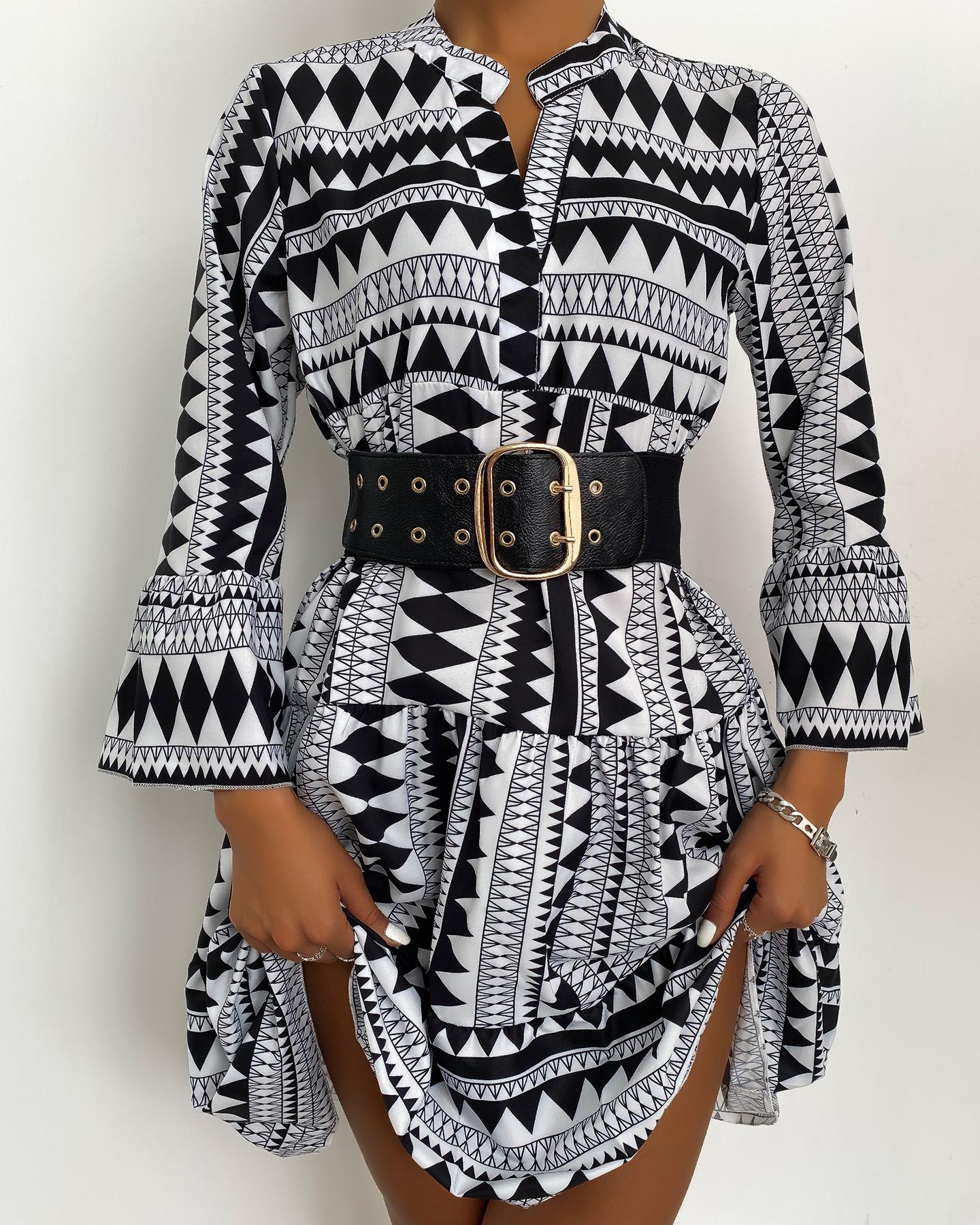 

All Over Print V Neck Bell Sleeve Dress, Black