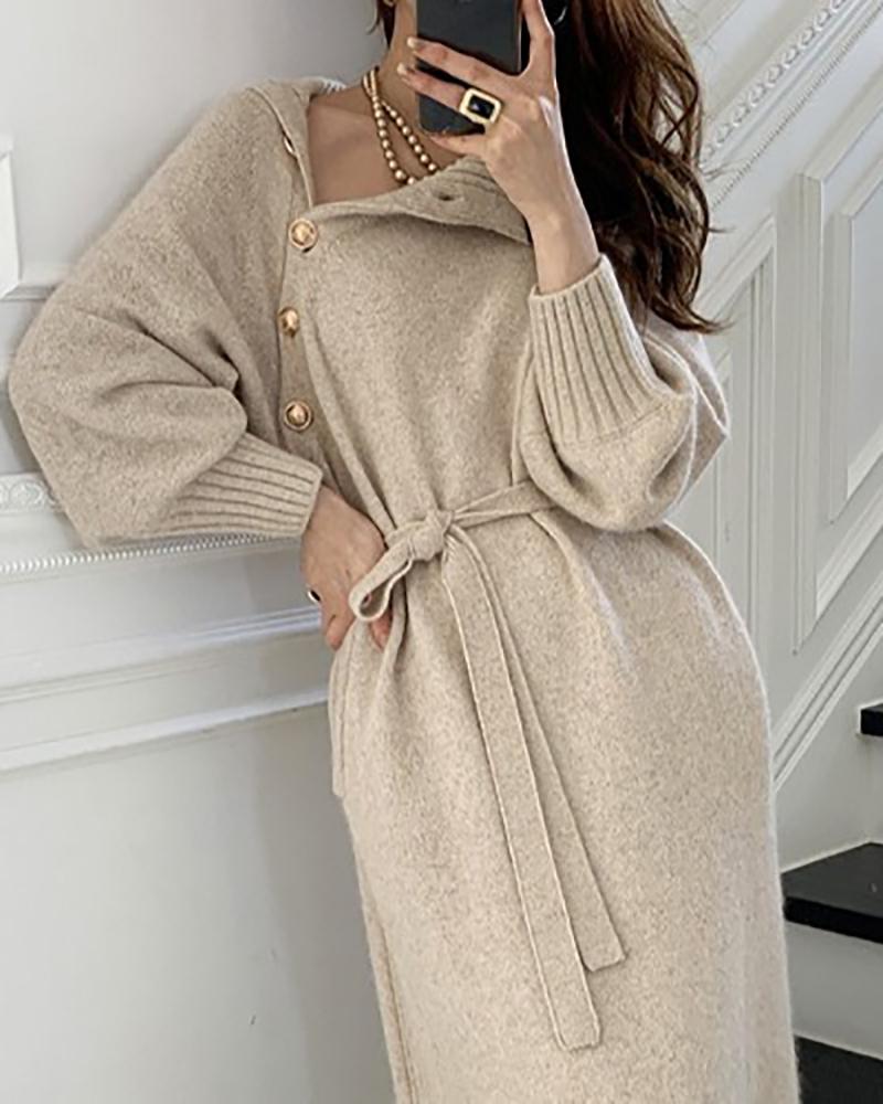 

High Neck Buttoned Lantern Sleeve Sweater Dress With Belt, Apricot