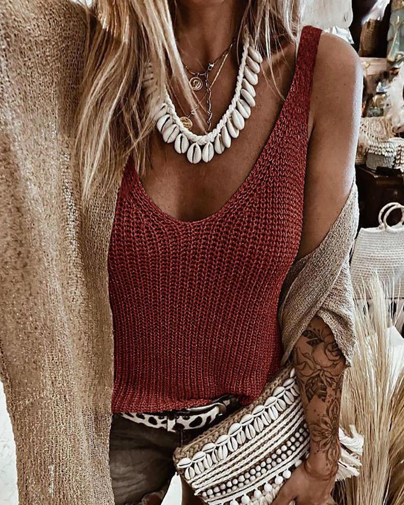 

U Neck Thick Strap Knit Basic Top, Wine red