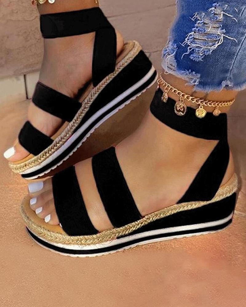 

Double Strap Slingback Woven Flax Wedge Sandals, Black