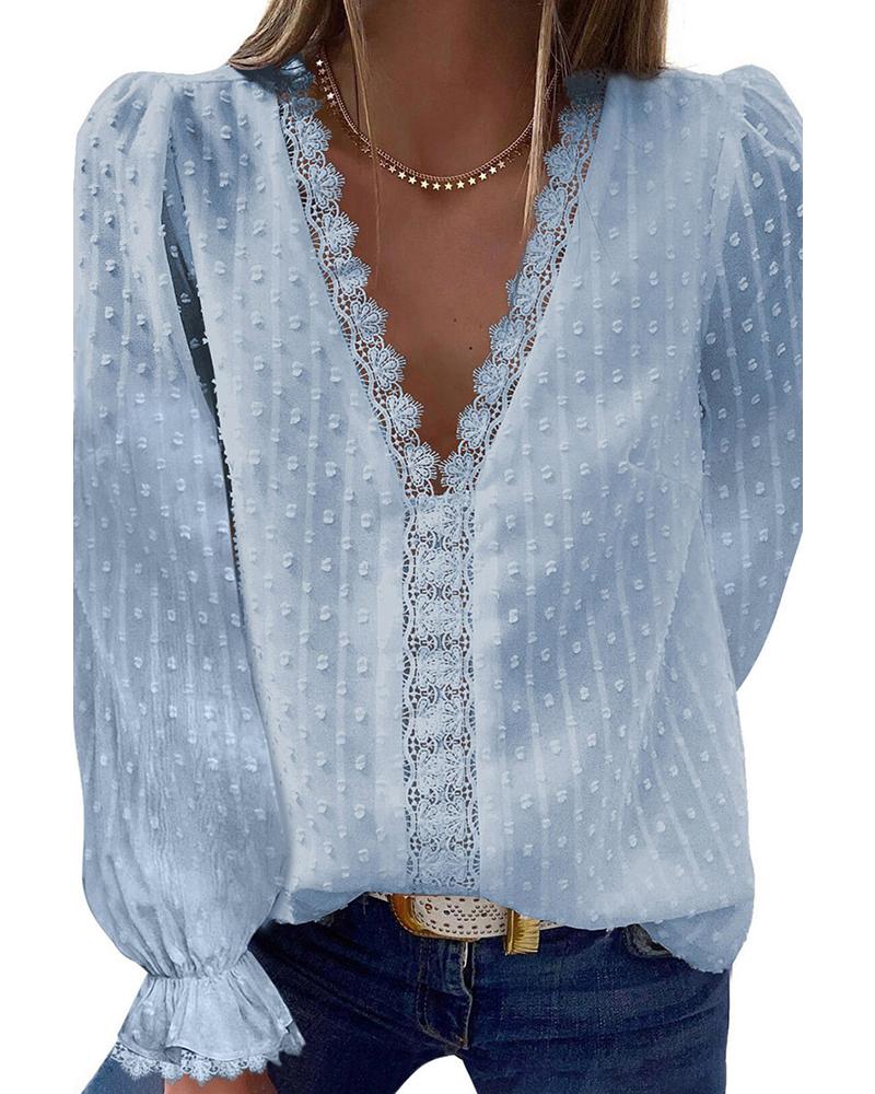 

Lace Patch Swiss Dot Lantern Sleeve Top, Blue
