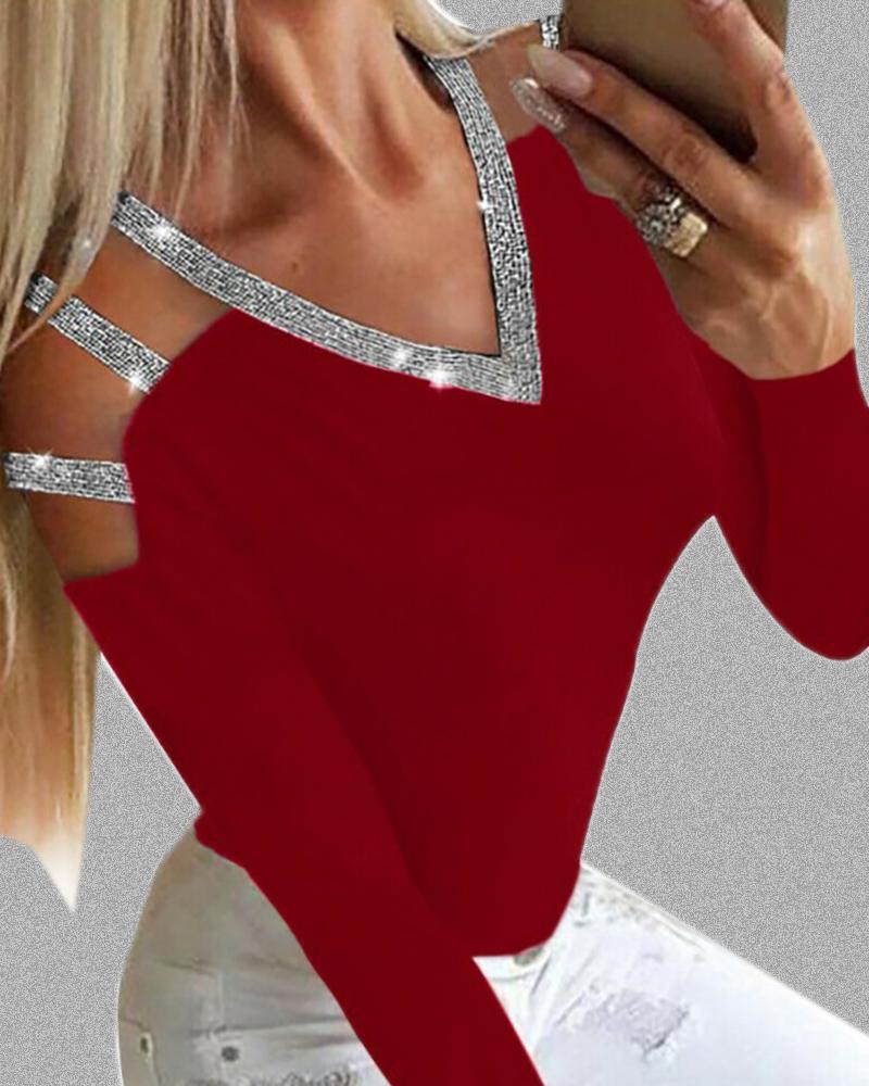 

Ladder Cutout Glitter Long Sleeve Blouse, Red