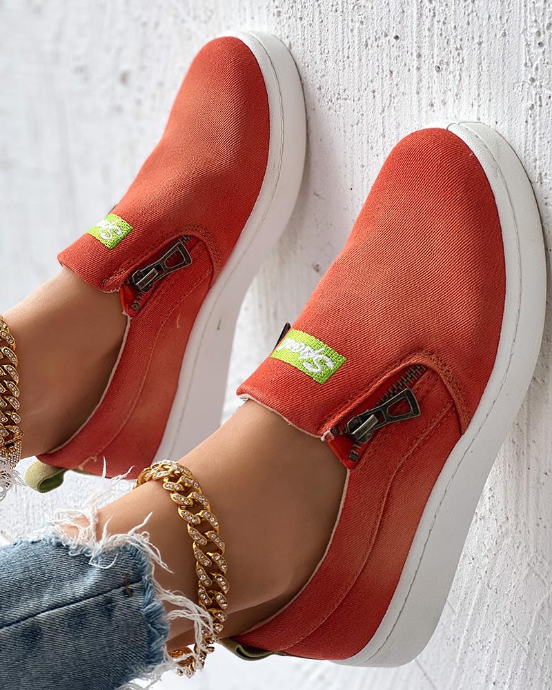 

Letter Pattern Zip Detail Casual Slip-on, Orange