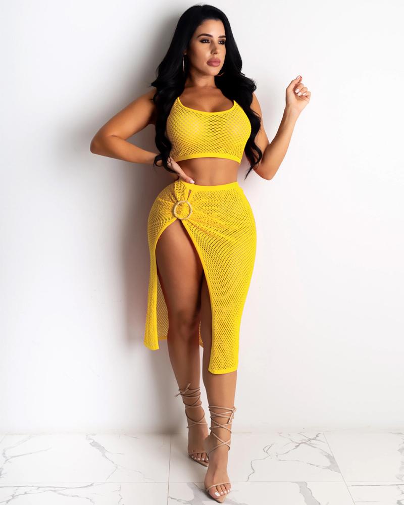 

Solid See-through Skinny Tanks With Slit Skirts Skirt Sets, Yellow