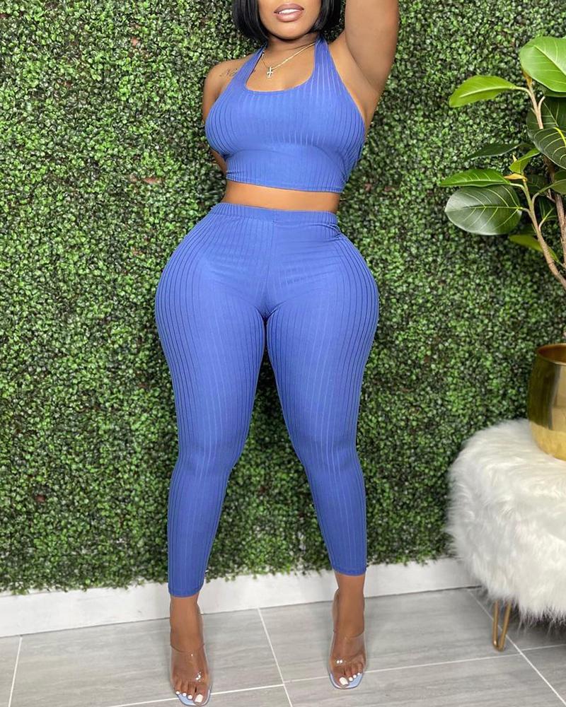 

Tied Detail Sleeveless Crop Top & High Waist Pants Set, Blue