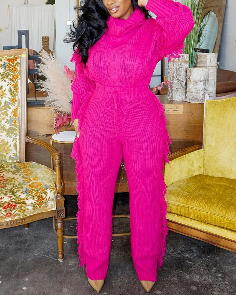 

Tassel Design Sweater & Drawstring Pants Set, Hot pink