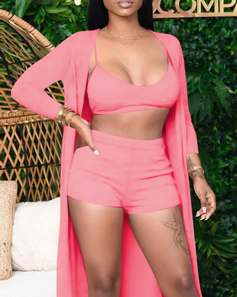 

Crop Top & High Waist Shorts & Long Sleeve Cardigan Set, Pink