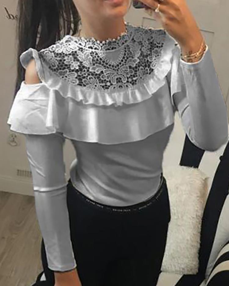 

Crochet Lace Frills Open Shoulder Blouse, Gray