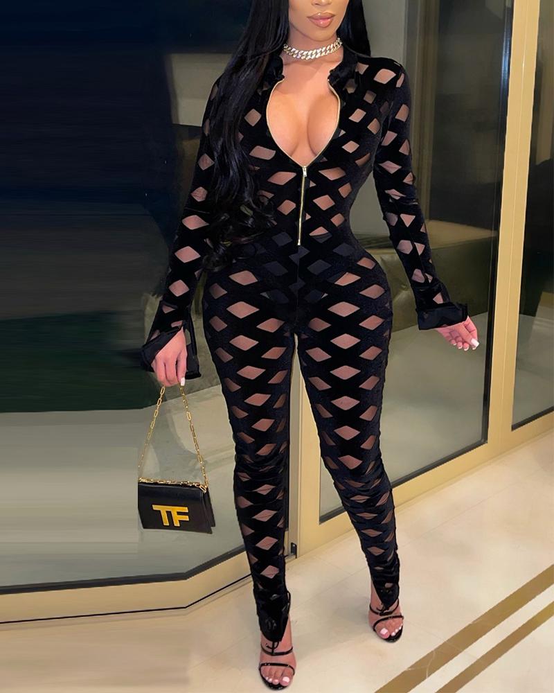 

Argyle Print Flocked Mesh Split Sleeve Zipper Front Jumpsuit, Black
