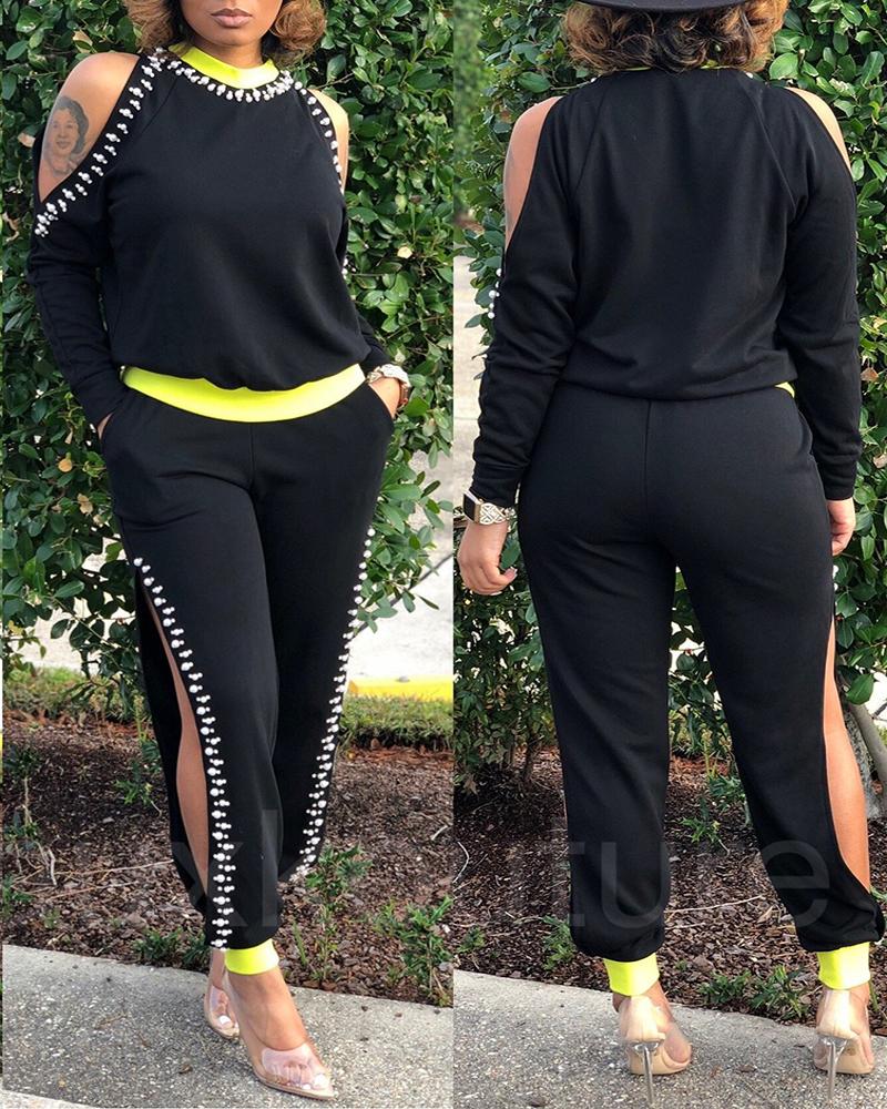 

Beaded Cold Shoulder Top & Pocket Design Cutout Pants Set, Black