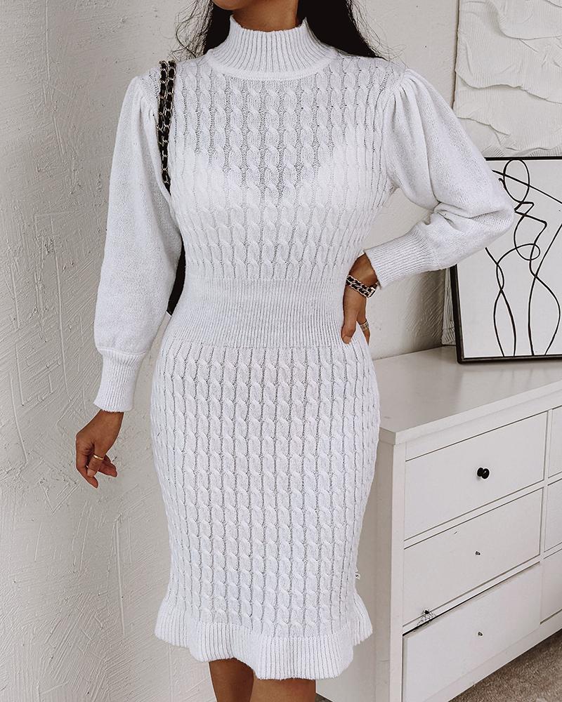 

High Neck Lantern Sleeve Dress, White