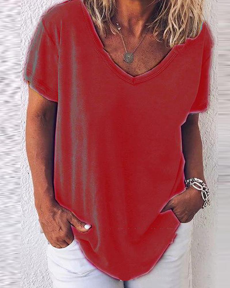 

V Neck Loose Fit T-Shirt, Red