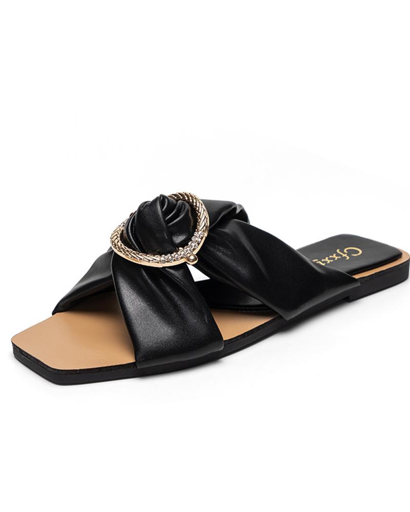 

Square Toe Casual Cross Strap Flat Slippers, Black