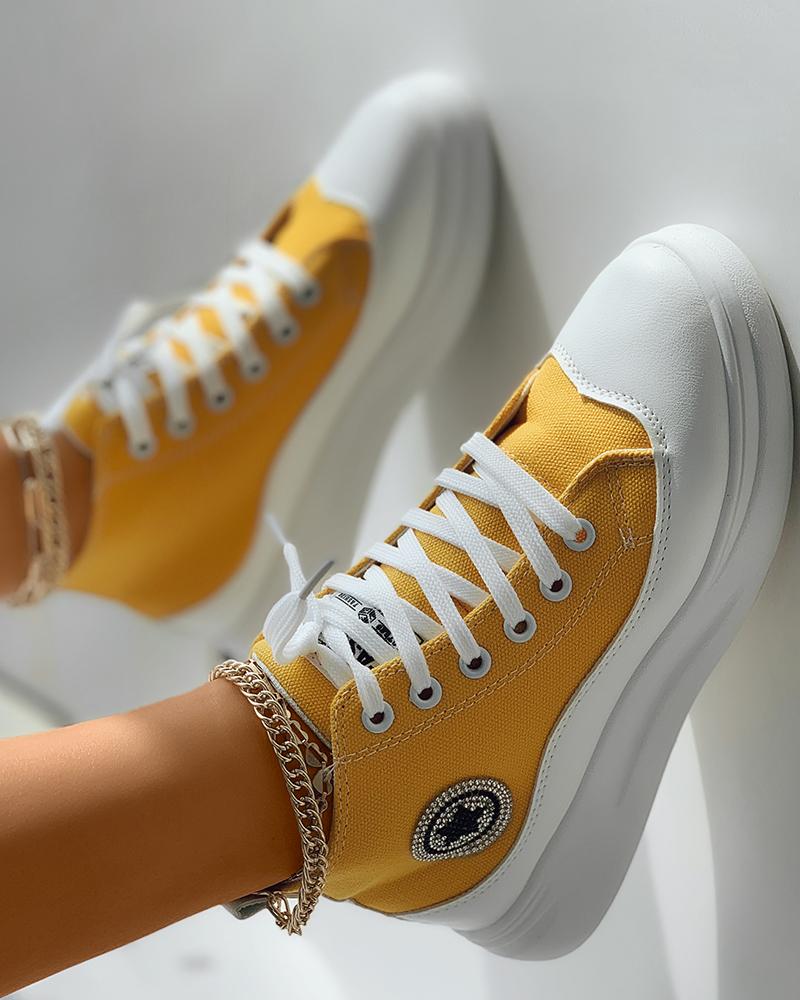 

Rhinestone Star Pattern Eyelet Lace-up Flatform Canvas Shoes, Yellow