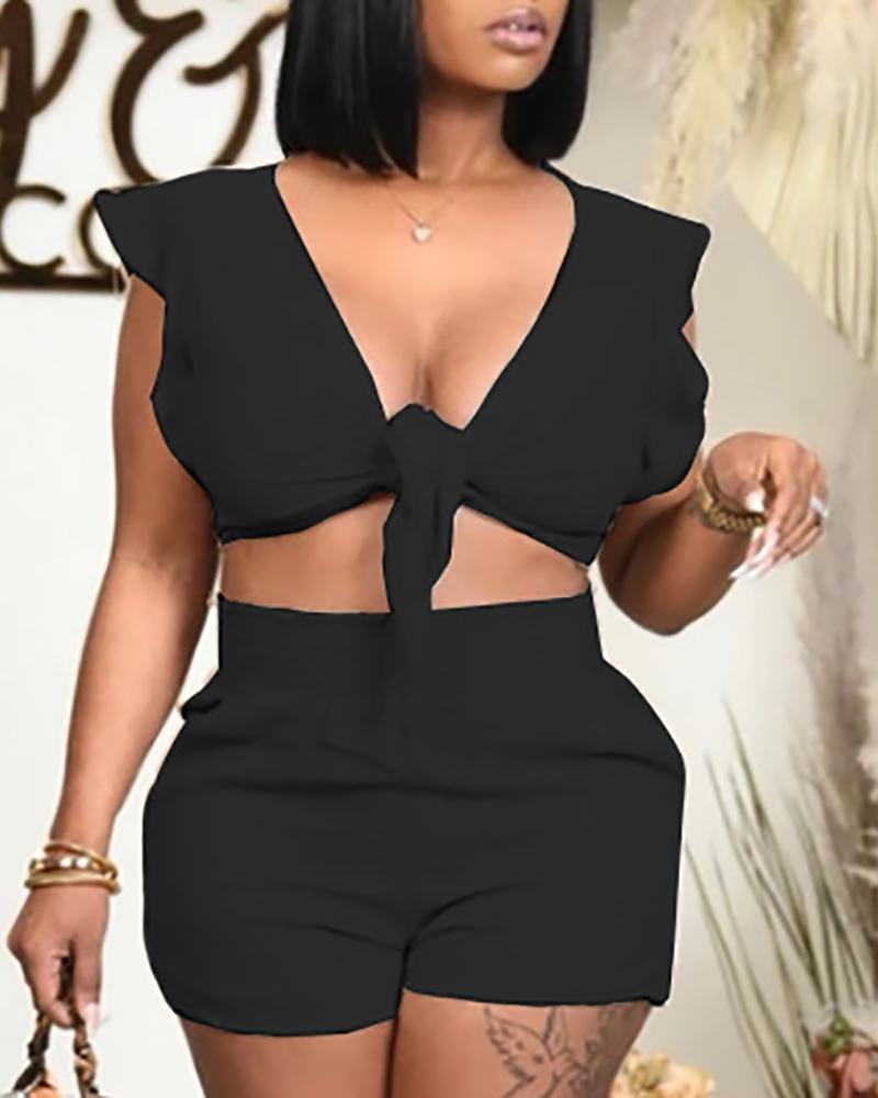 

Tie Front Ruffles Crop Top & Shirred Shorts Sets, Black
