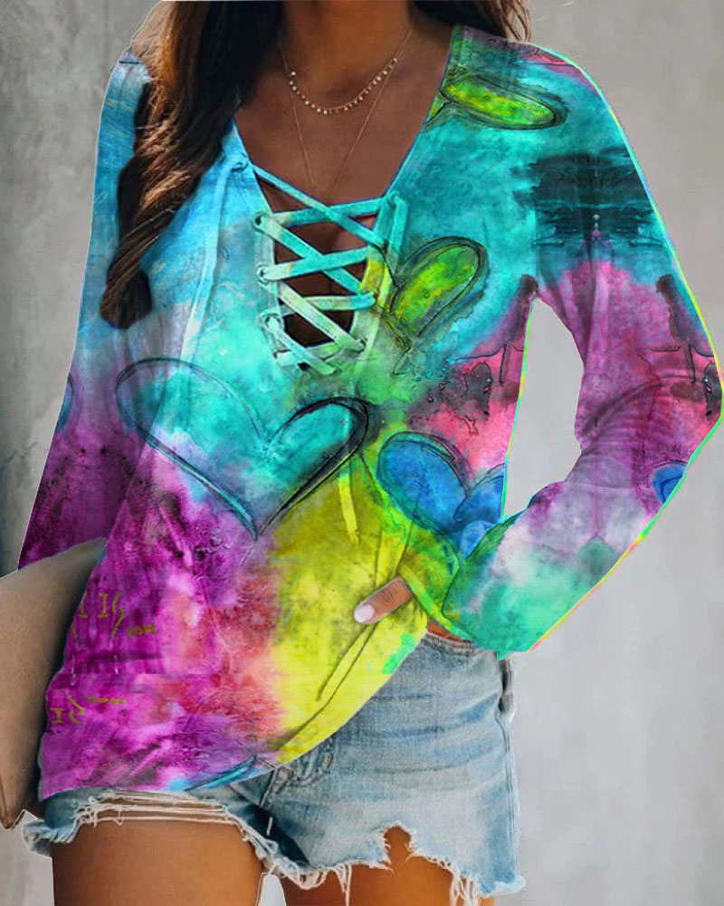 

Heart Tie Dye Print Grommet Eyelet Lace-Up Casual Top, Style1