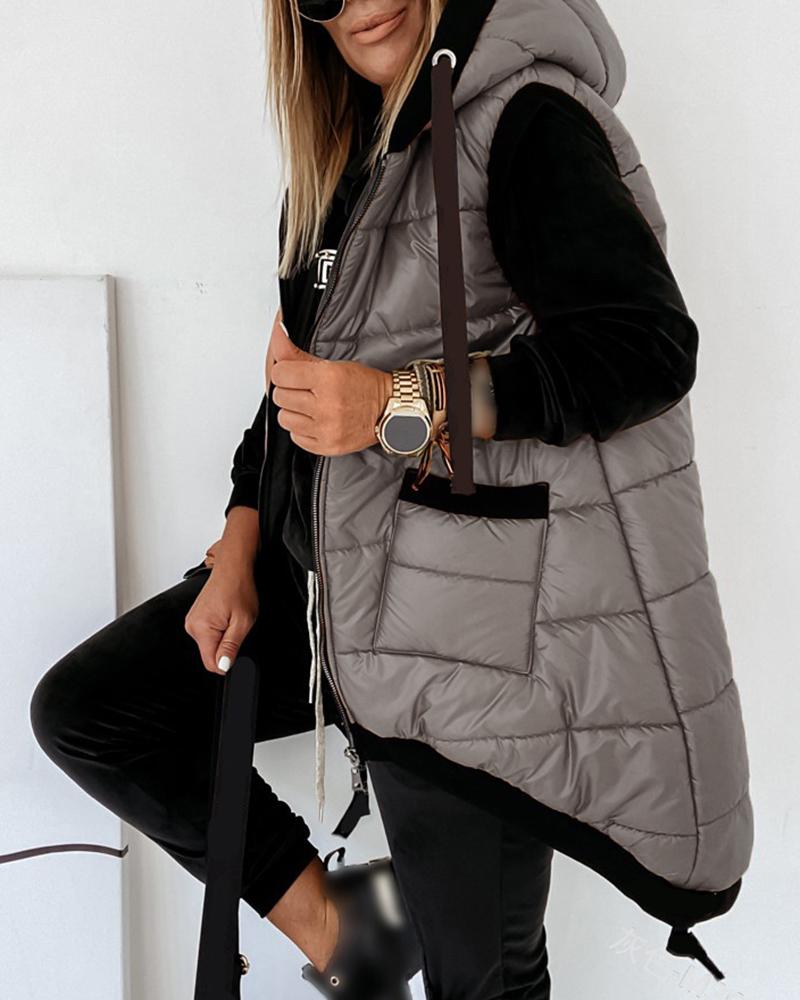 

Zipper Pocket Design Hooded Vest Puffer Coat, Gray
