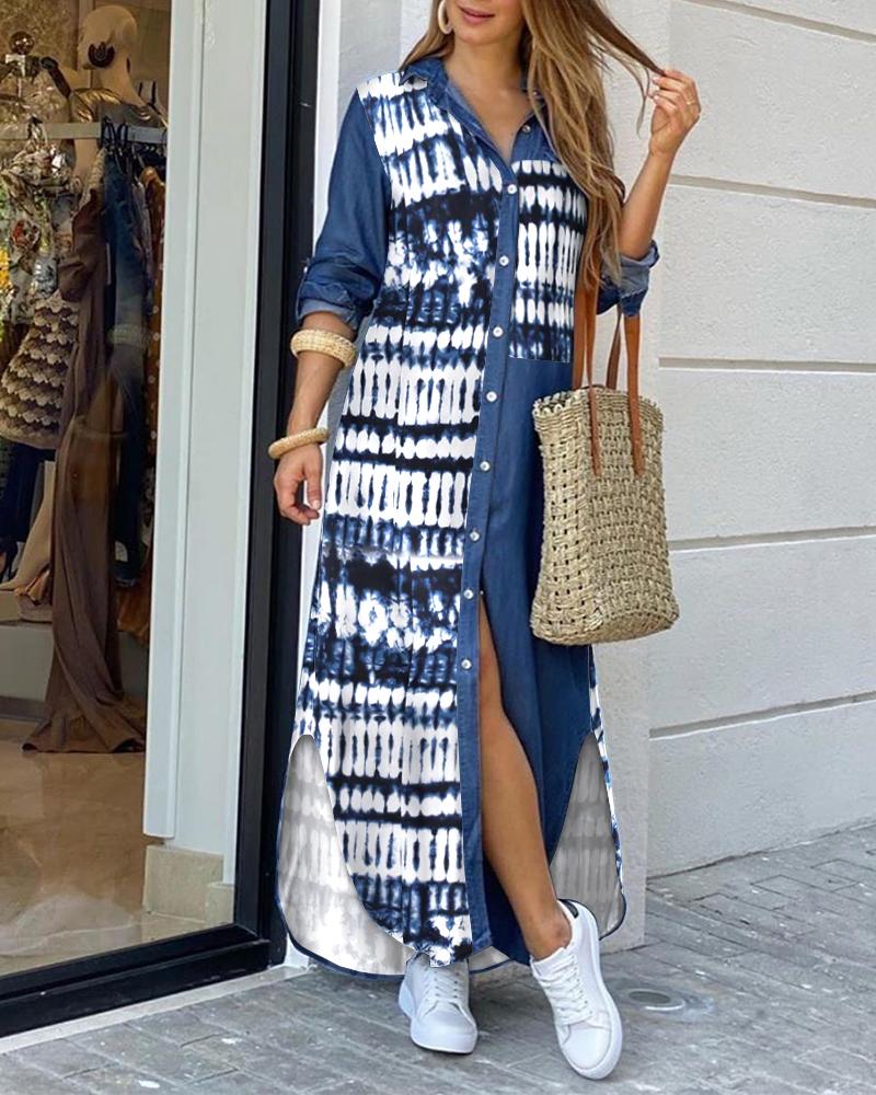 

Tie Dye Print Patchwork Buttoned Shirt Dress, Blue