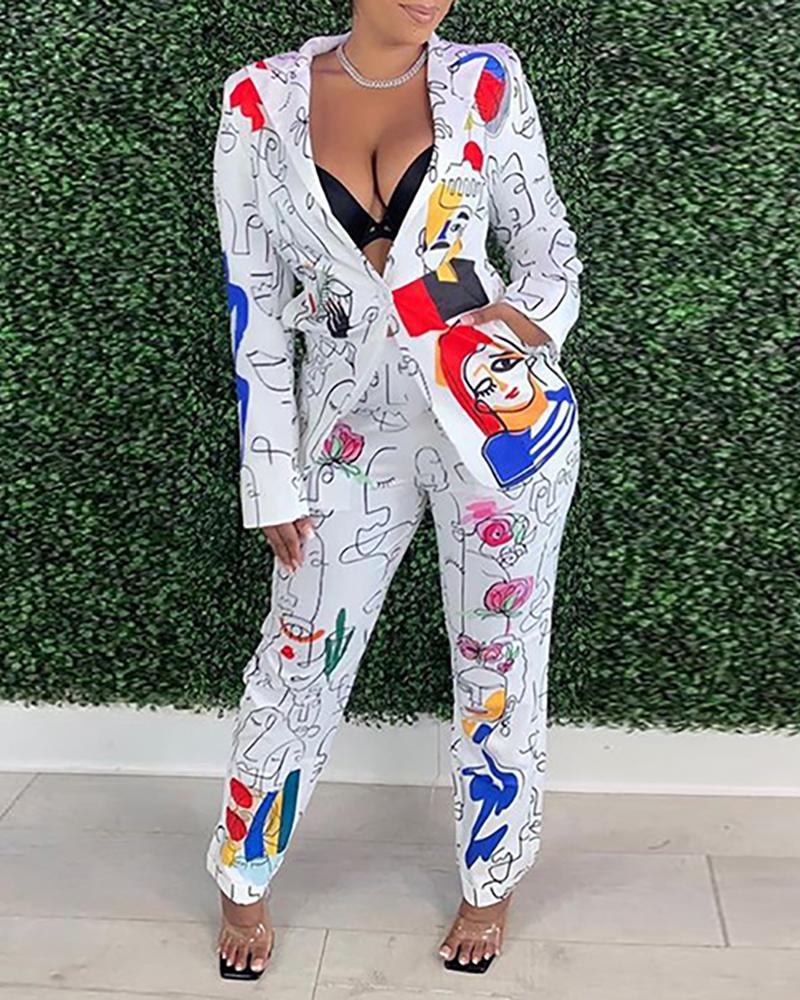 

Graphic Print Blazer Coat & Pants Set, White
