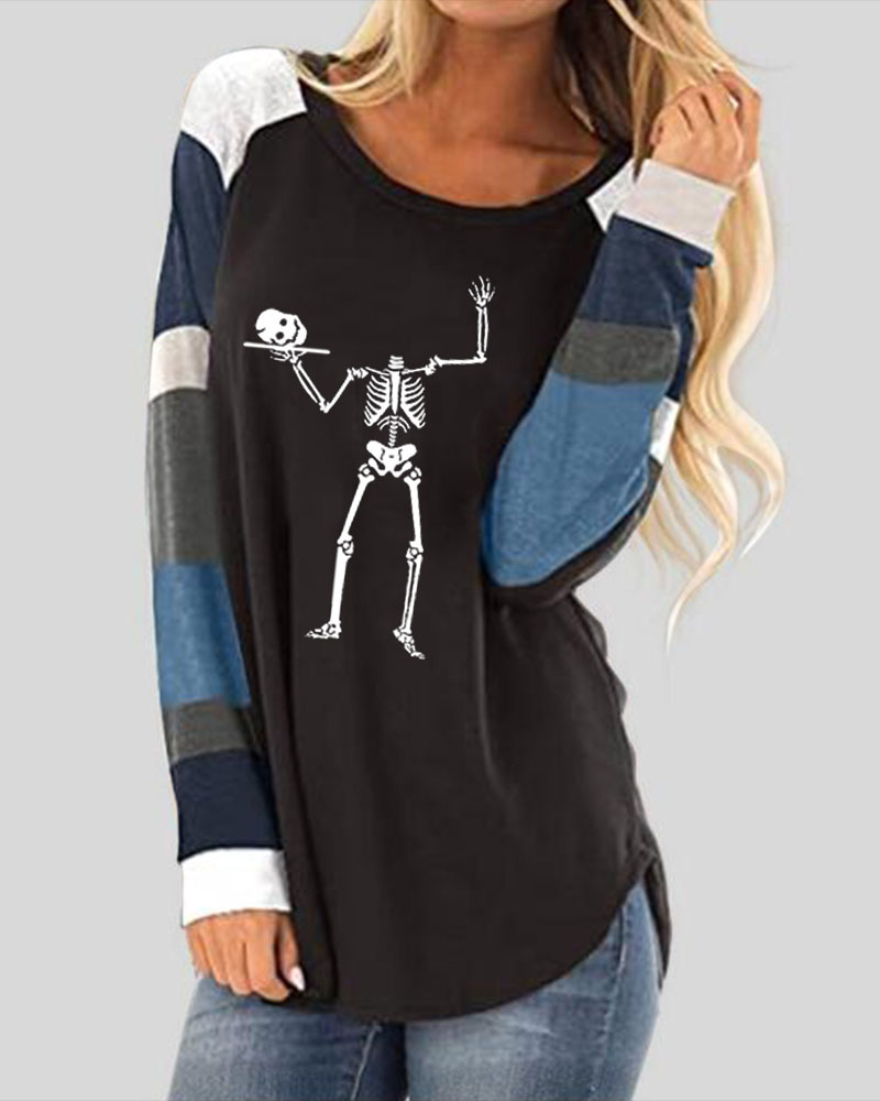 

Halloween Skeleton Print Striped Long Sleeve Top, Black