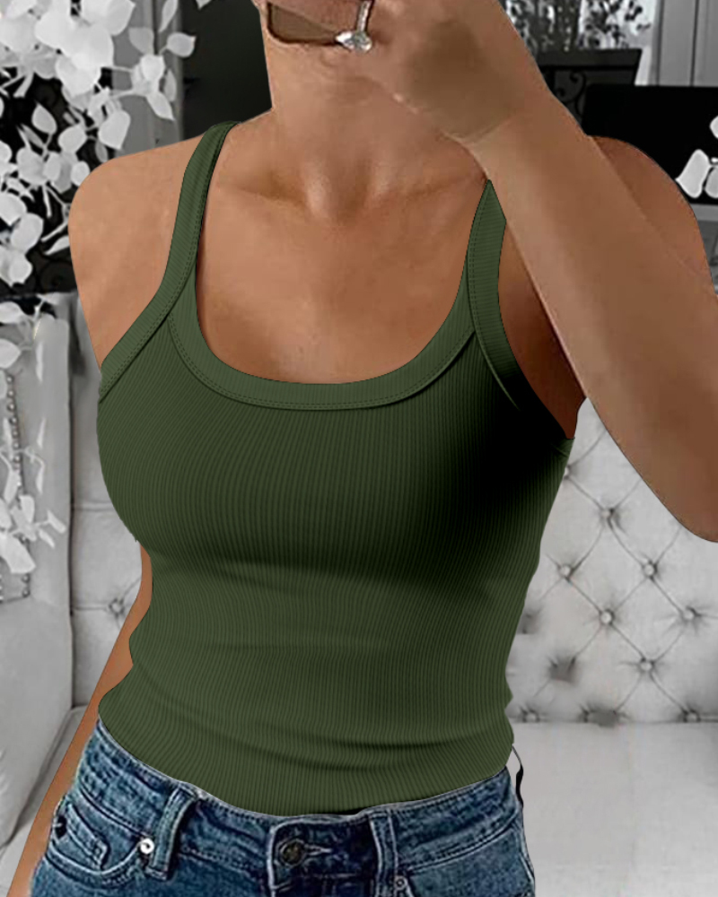 

Scoop Neck Spaghetti Strap Ribbed Top Casual Sleeveless Slim Fit Tank, Army green