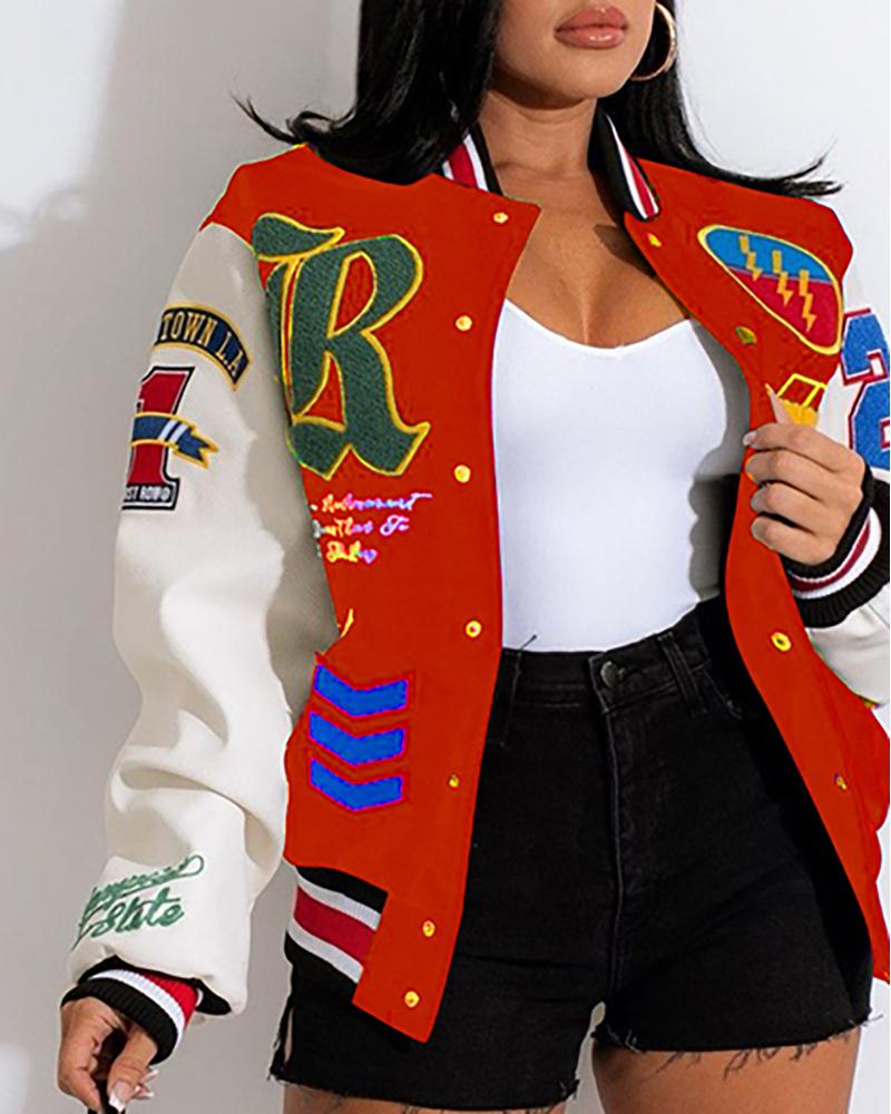 

Letter Pattern Graphic Print Long Sleeve Baseball Jacket, Orange