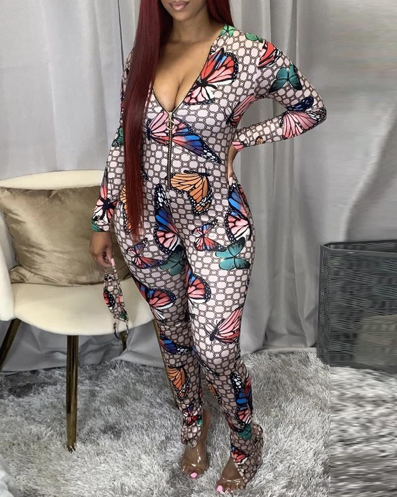 

Butterfly Print Zipper Design Long Sleeve Jumpsuit, White