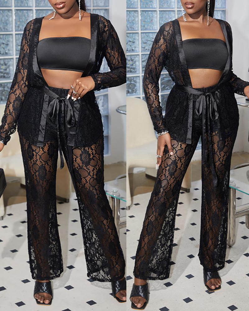 

3PCS Long Sleeve Lace Top & Pants Set With Tube Top, Black