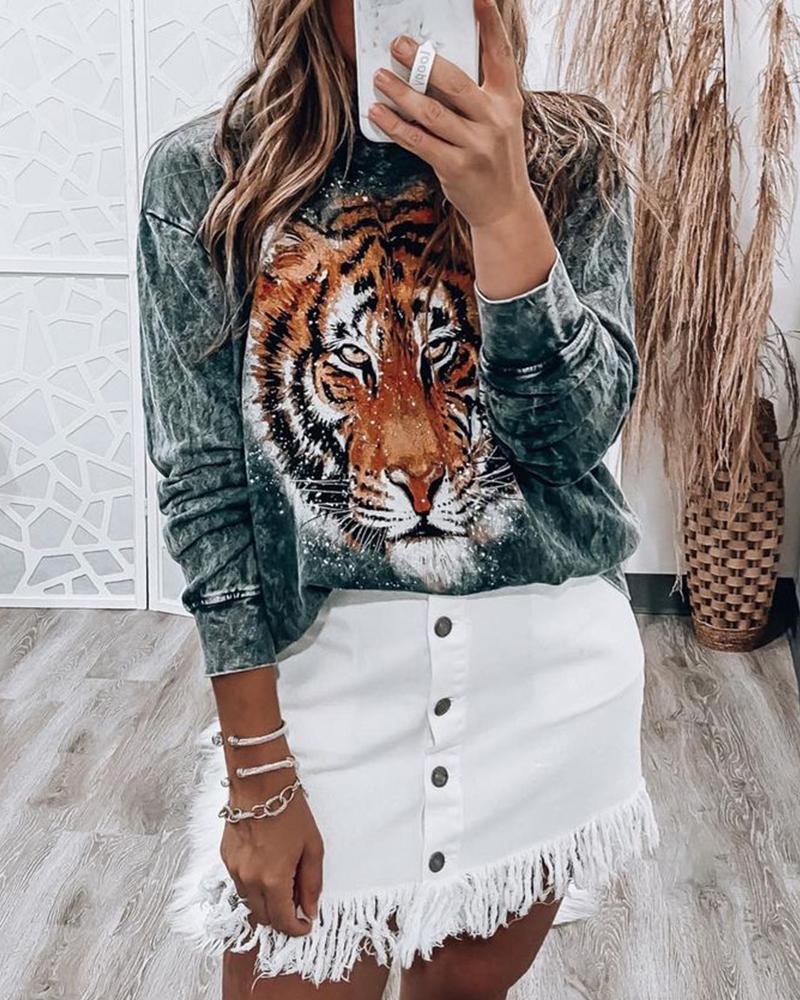 

Tiger Print O-neck Long Sleeve Sweatshirt, Gray