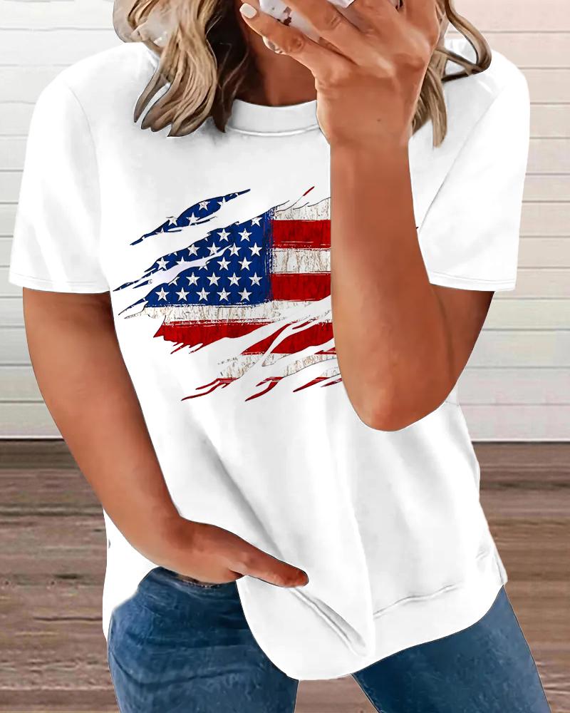 

Plus Size Independence Day Flag Pattern Print Round Neck T-Shirt, White