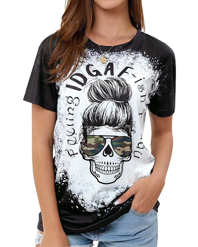 

Women' Vintage Skull Letter Print Round Neck T-shirt, Black
